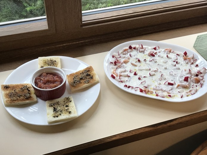truffle toast, salmon carpaccio, rhubarb sauce